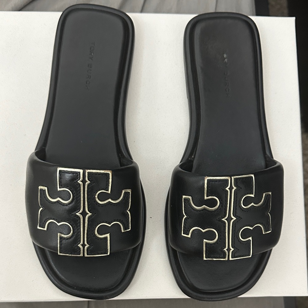 Tory Burch Black and Gold Slide Sandals
